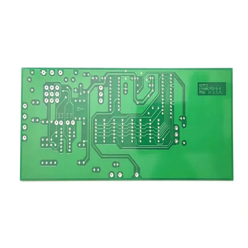 High-quality green PCB board with visible copper traces, vias, and pads. Features GEMCO branding and "MADE IN U.S.A." silk screen.