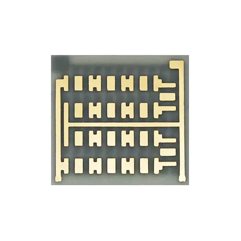 Gold-plated surface mount (SMD) electrical contact array, on dark substrate. Ideal for high-frequency PCB manufacturing and reliable component interconnections.