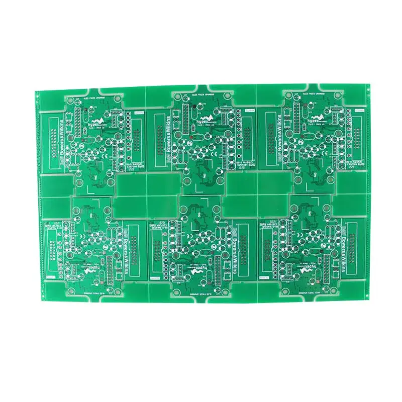 Green PCB panel featuring six individual circuit boards for Bowers & Wilkins Hypex audio applications. Shows traces, pads, and silkscreen.