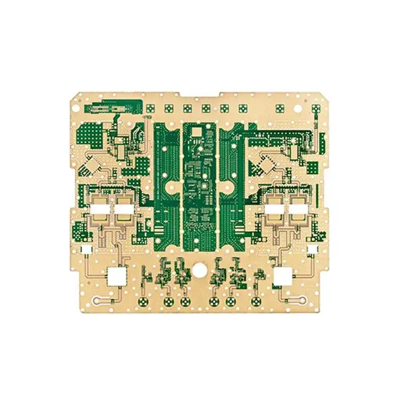 Custom high-frequency PCB featuring an ENIG gold finish, complex trace routing, and specialized pad layouts for RF and microwave applications.