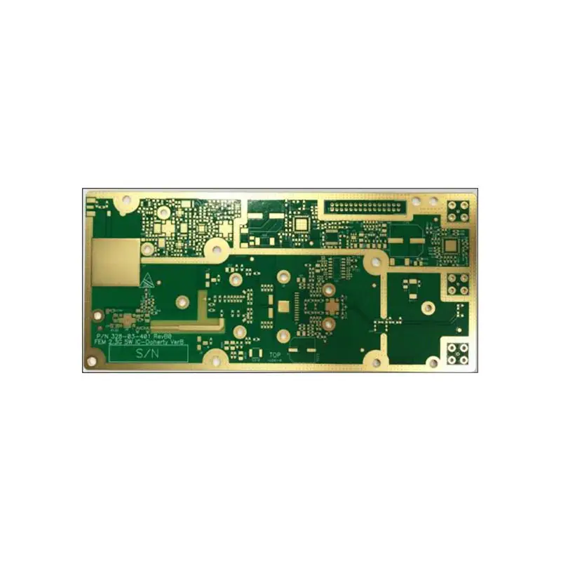 Green RF PCB board with gold finish, featuring high-frequency traces for a 2.3G Doherty amplifier front-end module