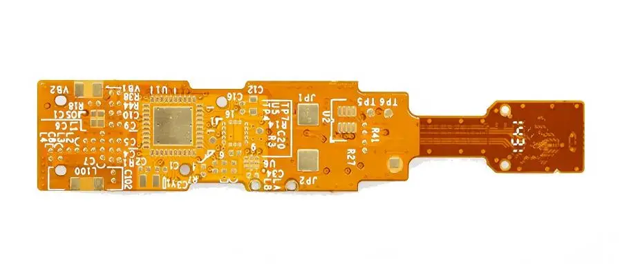Orange flexible printed circuit board (FPCB) assembly featuring SMT components and intricate traces, ideal for space-constrained electronics.