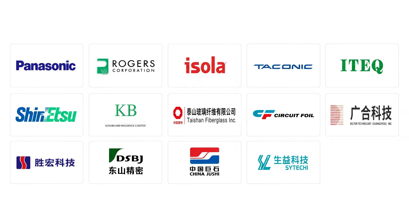 Logos of prominent PCB material suppliers and component manufacturers crucial for high-quality electronics production worldwide.