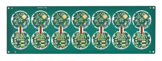 Green PCB panel with ten circular circuit boards and gold pads, designed for high-volume production and efficient assembly.