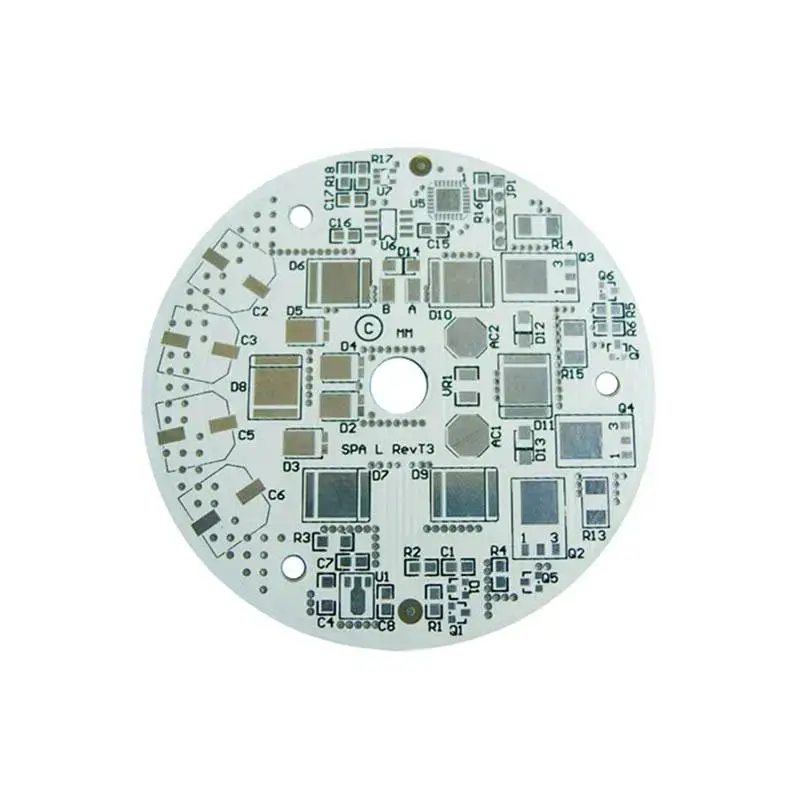 A circular white SMT PCB board, featuring numerous surface mount component pads, vias, and silkscreen markings, ready for electronic assembly.