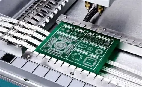 Surface Mount Technology (SMT) PCB assembly line showing a green test board, component feeders, and placement head for electronic manufacturing.